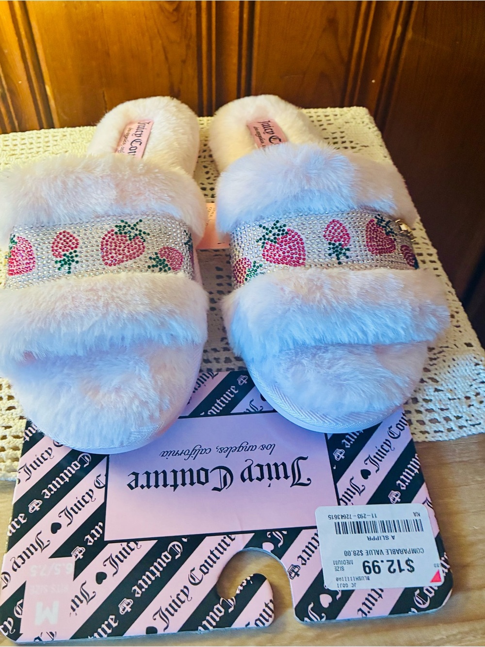 Juicy Couture Pink Fuzzy Strawberry Crystal Slide Slippers